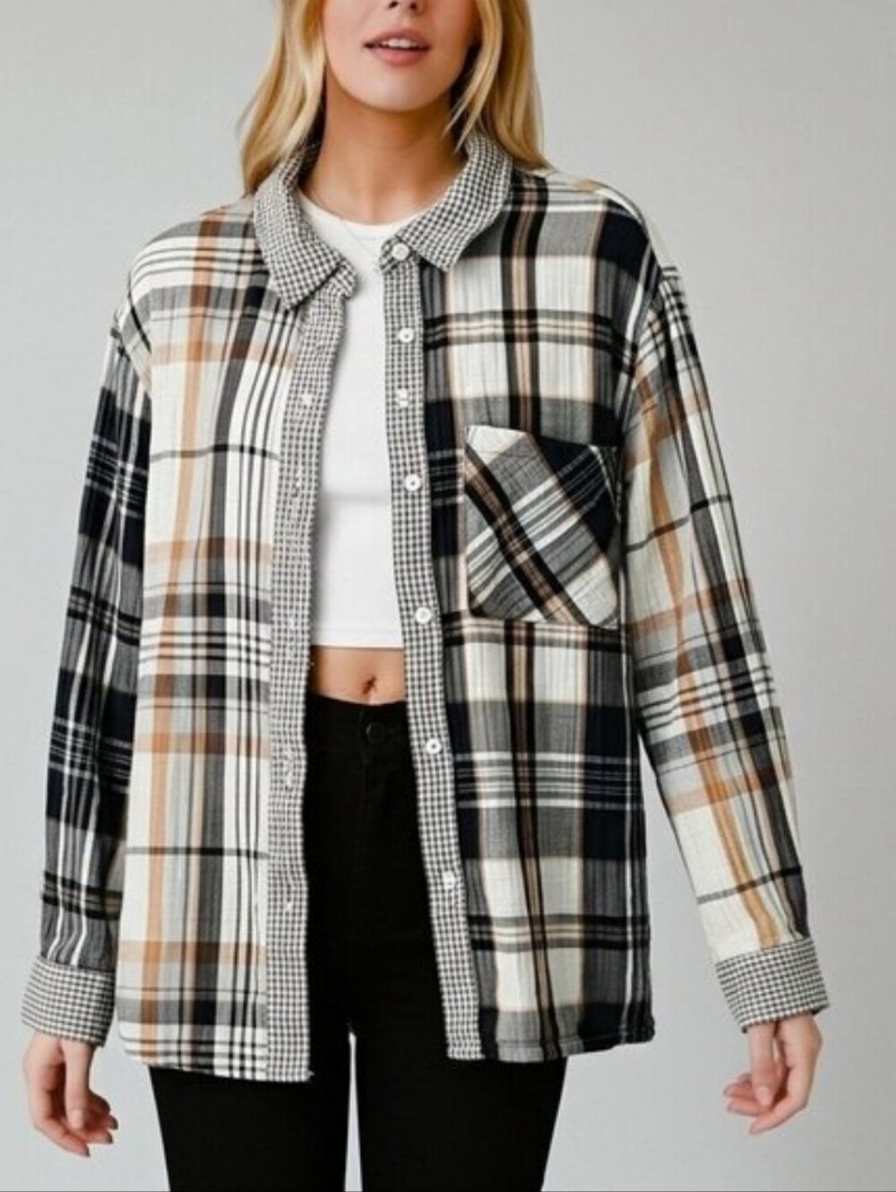 AERIE Neutral Tan Black Plaid Cotton Gauze Button Down Shirt Fall Relaxed Sz XL